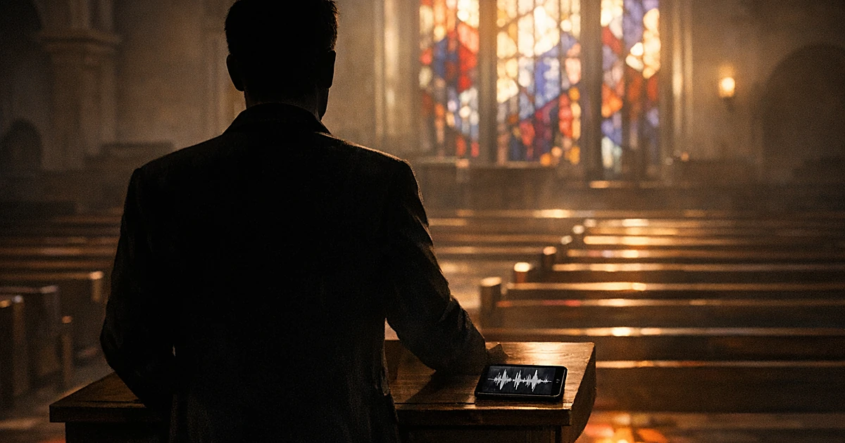 Silhouetted figure at podium in church with stained glass light and smartphone showing audio recording