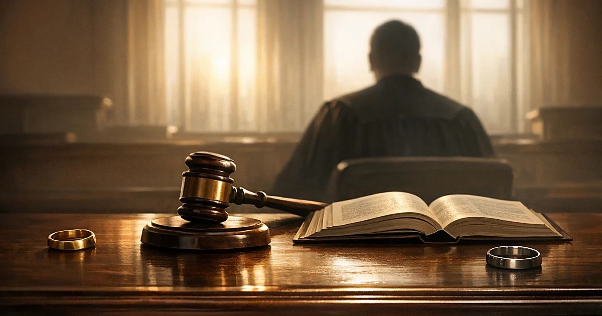 Judge's gavel and wedding rings on courtroom bench with silhouetted figure in robes facing window