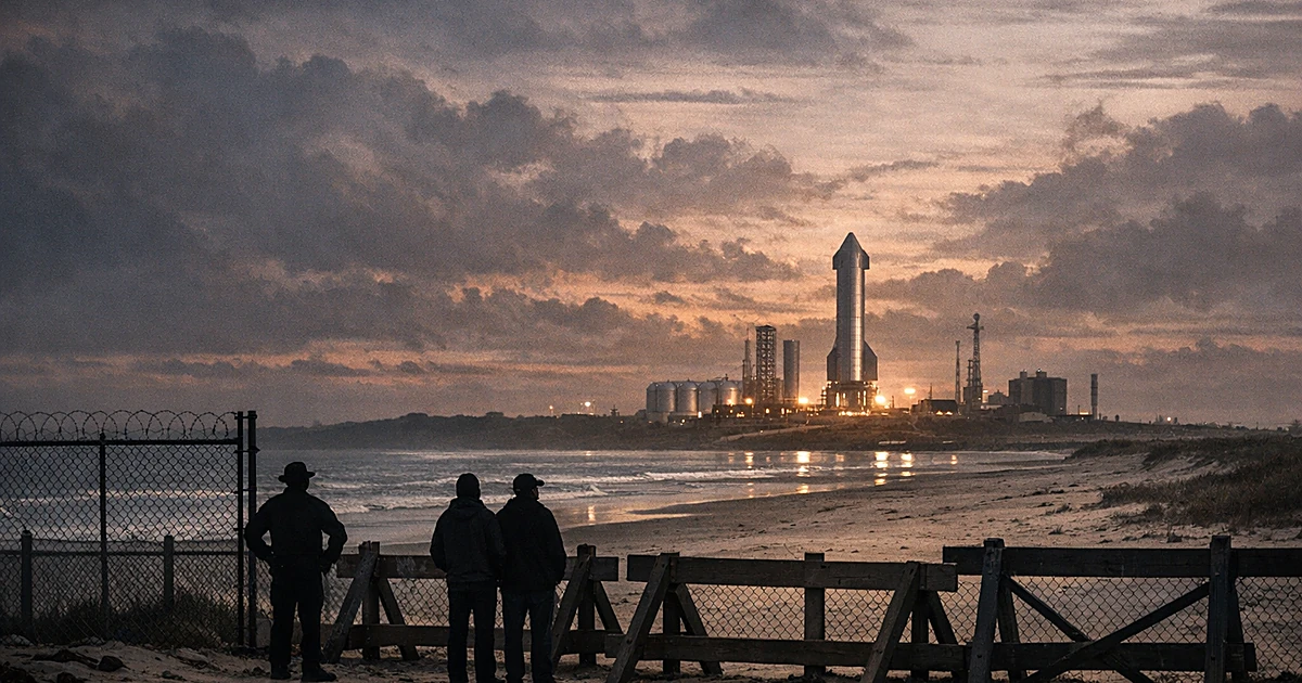 Beach barriers blocking access to sand with distant rocket on launch pad under dramatic sunset sky