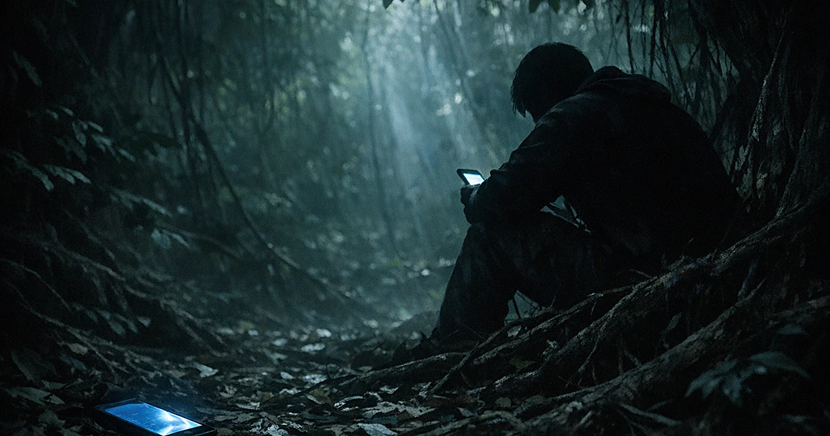 Silhouetted figure hiding in dark forest with glowing smartphone screen in foreground among leaves and shadows