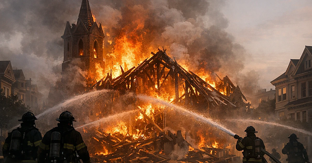 Firefighter silhouettes battling flames consuming a historic church with collapsed roof in residential neighborhood