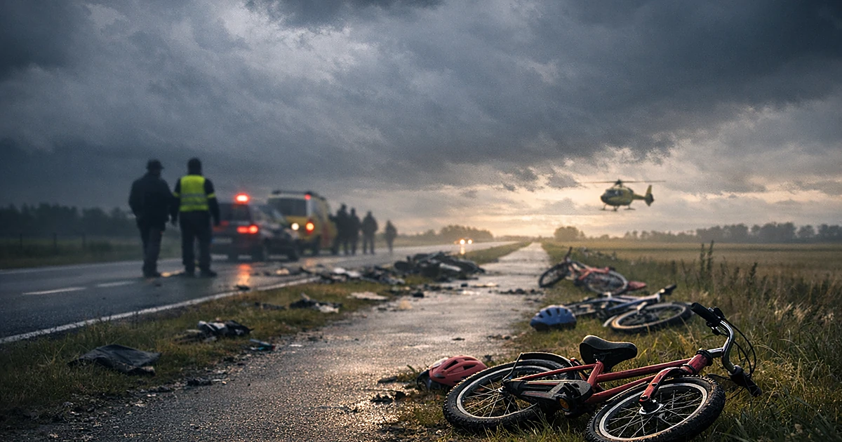 Empty children's bicycles scattered along a Dutch countryside bike path under dark clouds