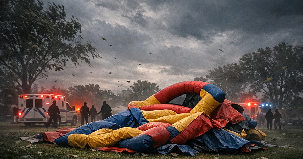 Deflated bouncy castle on grass in park with emergency vehicles and storm clouds during high winds