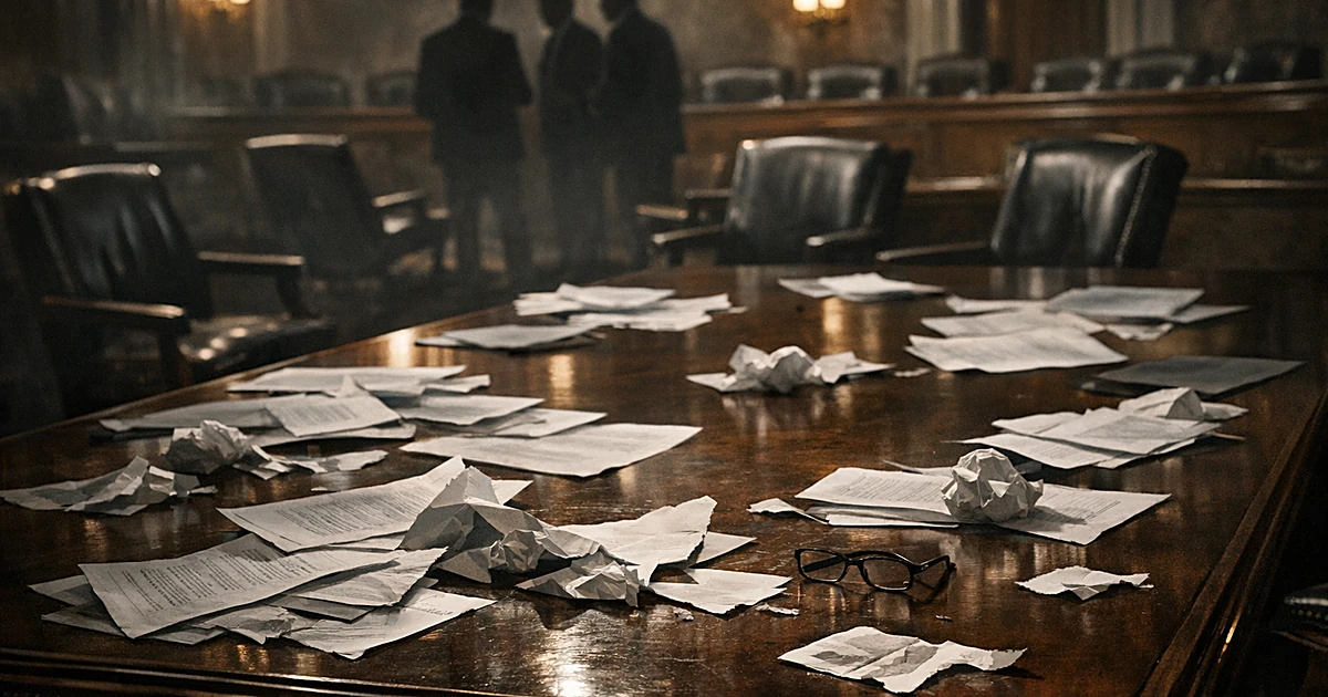 Empty Senate conference room with scattered papers and pushed-back chairs suggesting conflict and disorder
