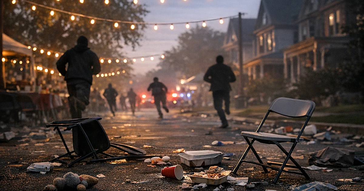 Abandoned festival street with overturned chairs and debris as silhouetted figures flee in background at dusk