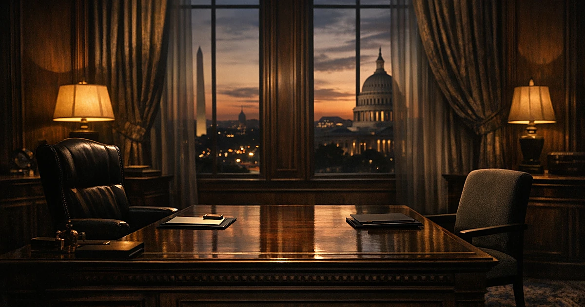 Empty chairs face each other across desk in formal office with city skyline visible through windows at dusk
