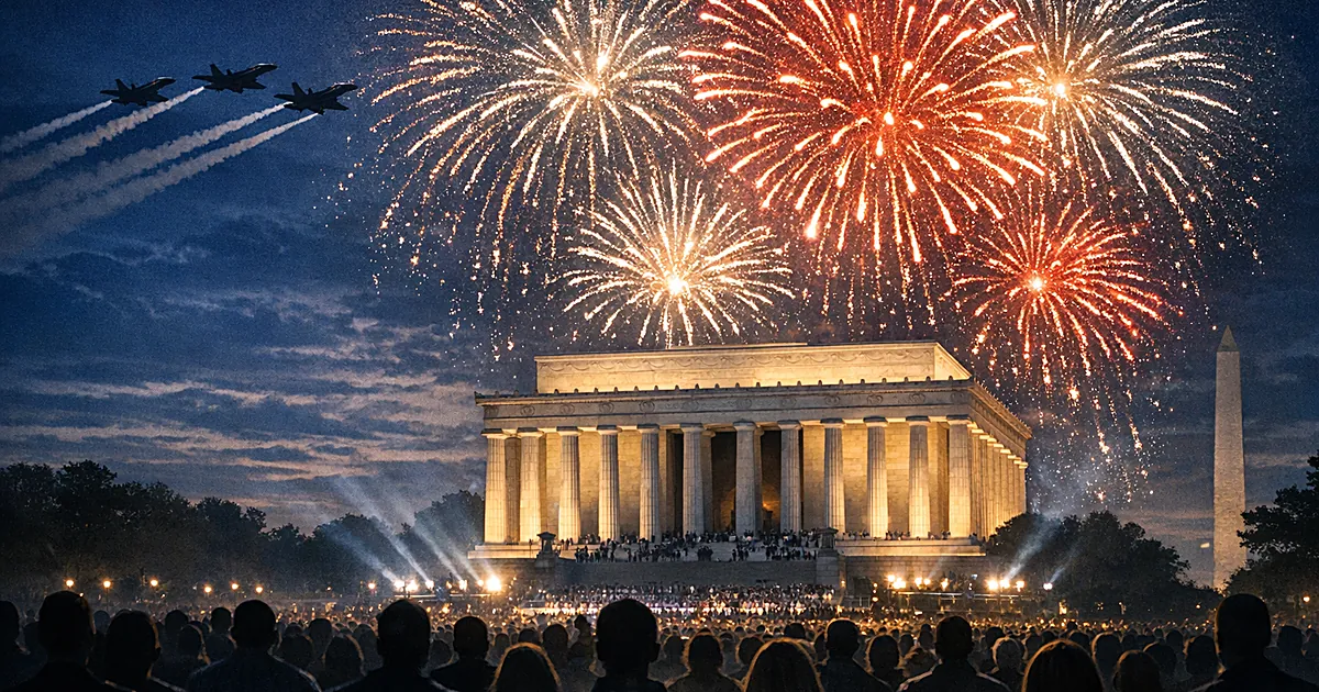 Silhouetted crowd watches fireworks explode above illuminated columned memorial at dusk with aircraft overhead