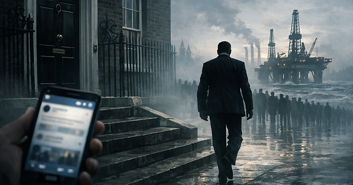 Silhouetted figure leaving doorway with smartphone, oil rigs, and crowds in foggy background