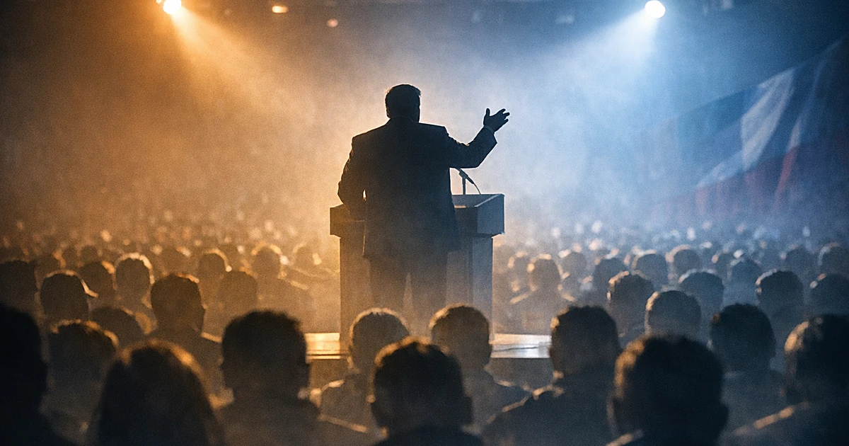 Silhouetted speaker at podium addressing crowd of people shown from behind in dramatic stage lighting