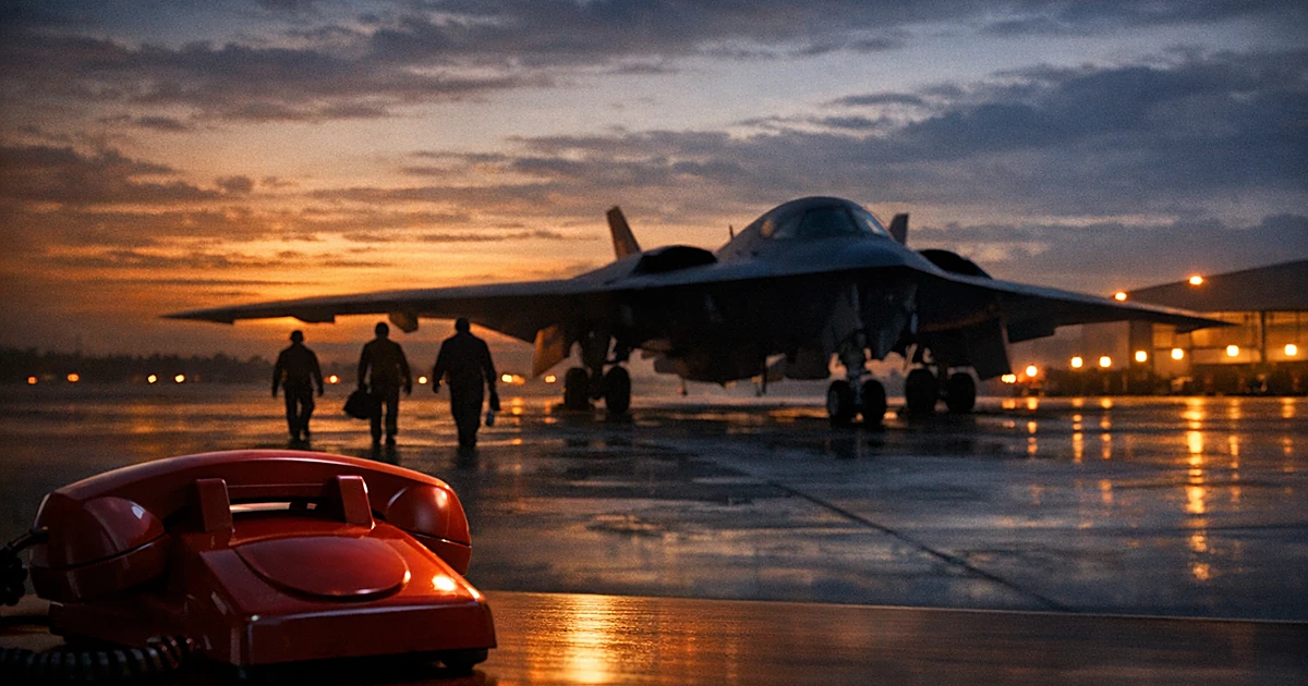 Grounded military aircraft on tarmac at dusk with silhouetted figures walking away and telephone on desk in foreground