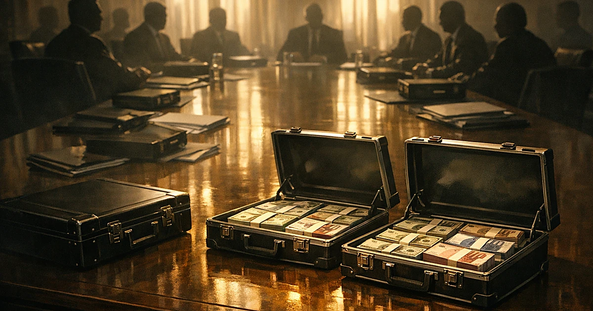 Silhouetted negotiators at conference table with opened cases of currency representing frozen asset release agreement
