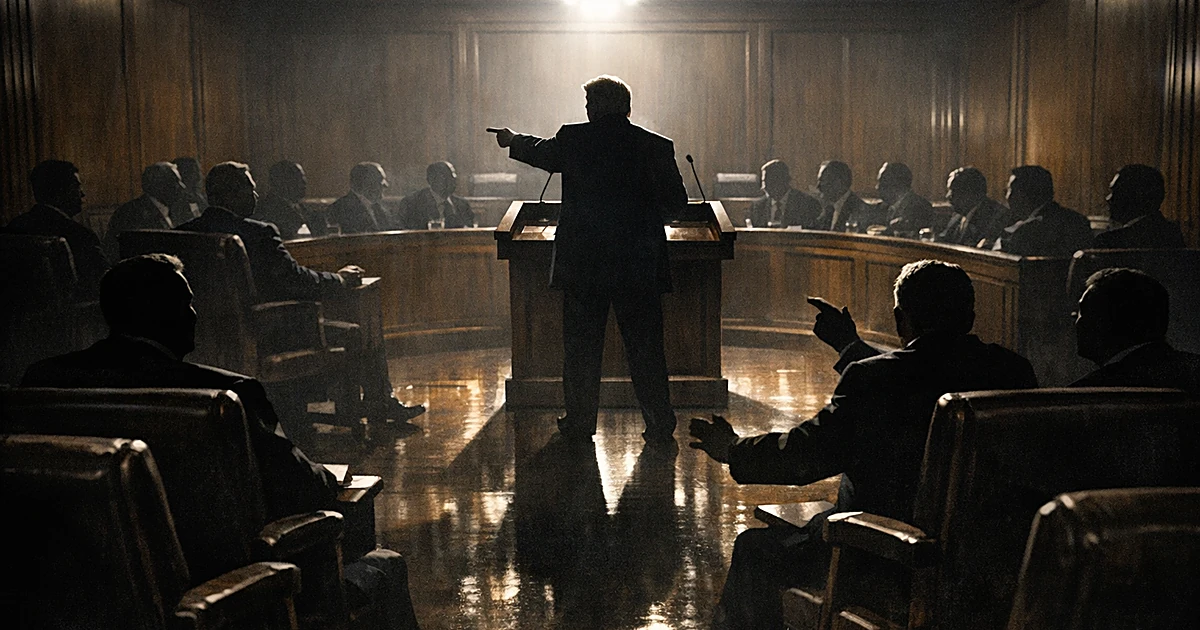 Silhouetted figures in a formal meeting room with one person standing at podium, viewed from behind in dramatic lighting