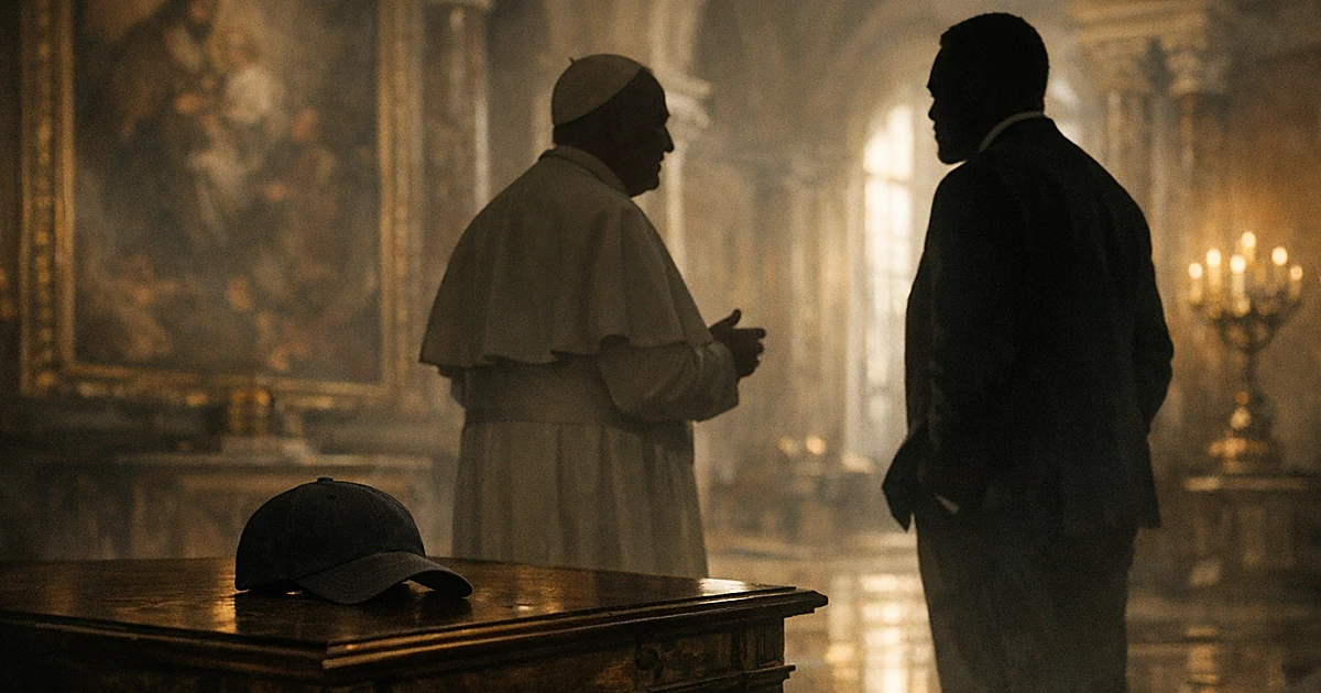 Silhouettes of two figures in Vatican interior with baseball cap on table between them