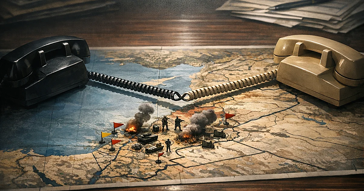 Two telephones on opposite sides of desk with Middle East map between them showing military markers in Lebanon region