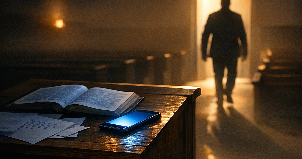 Illuminated smartphone on church podium with silhouetted figure walking away in shadows