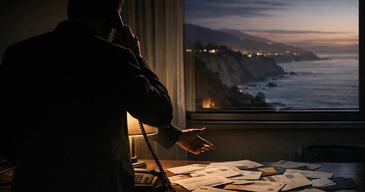 Silhouetted figure on phone at desk with ballot envelopes, California coastline visible through window in twilight
