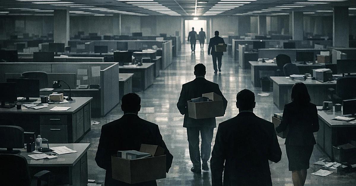 Overhead view of office with empty desks and silhouetted figures carrying boxes, depicting workforce reduction