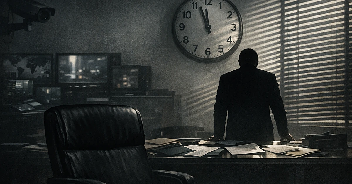 Silhouetted figure at desk with empty chair in foreground, surveillance equipment visible in shadowy office