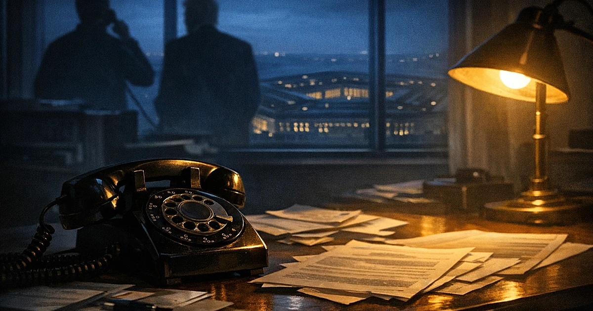 Night scene with telephone on desk, Pentagon silhouette visible through window in background