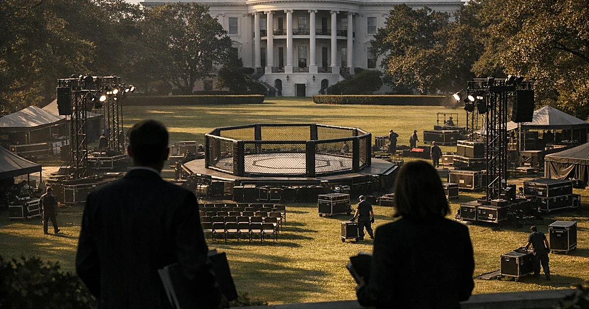 Octagonal cage structure on manicured lawn with silhouetted figures holding documents observing from distance