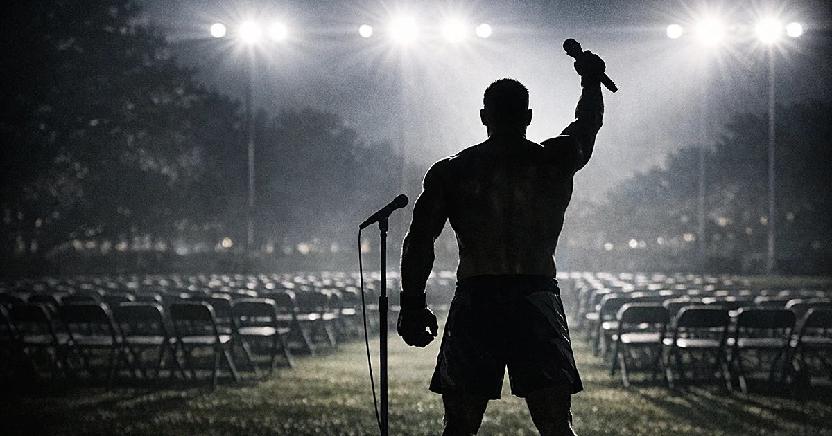 Silhouetted fighter from behind at microphone on outdoor stage with empty chairs and lawn in background