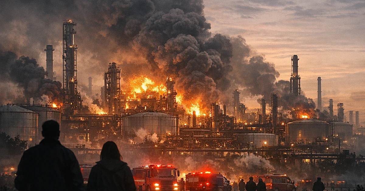 Oil refinery with black smoke rising from damaged structures as silhouetted figures observe from distance