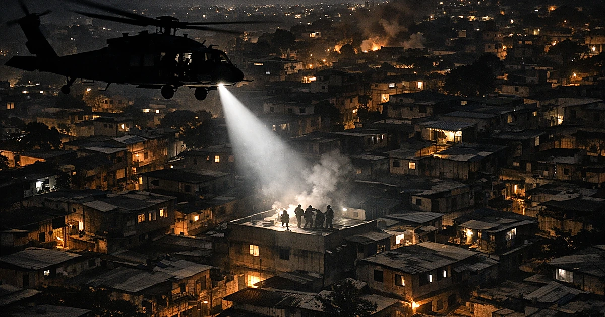 Military helicopter silhouette with searchlight beam targeting urban building at night from aerial perspective