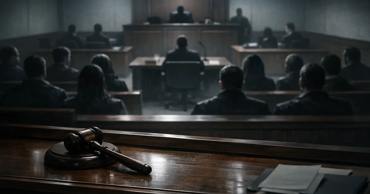 Courtroom interior with judge's bench, gavel, and silhouetted figures seated in gallery under fluorescent lighting