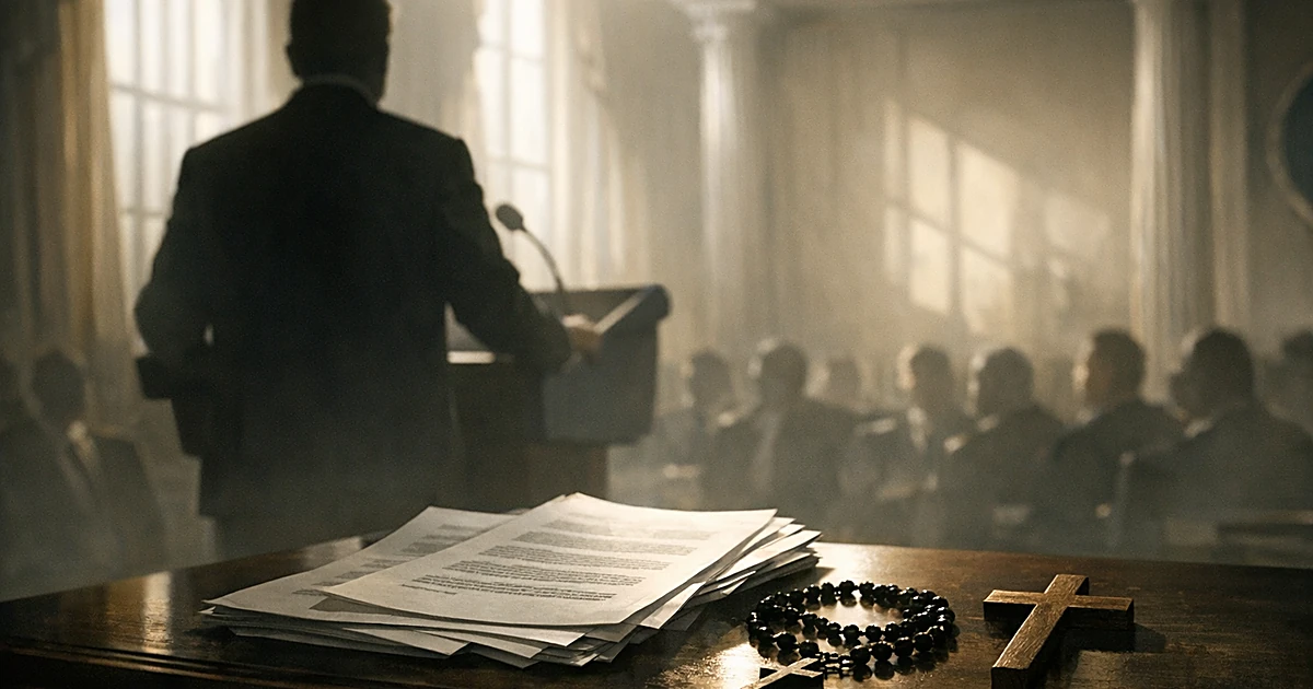 Silhouetted figure at podium with document, rosary, and cross on table in formal government briefing room