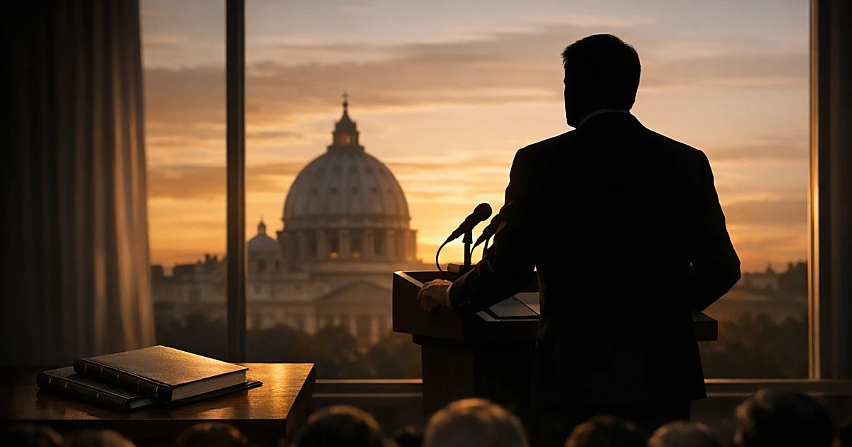Silhouetted official at podium with distant basilica visible through window and diplomatic documents on nearby table