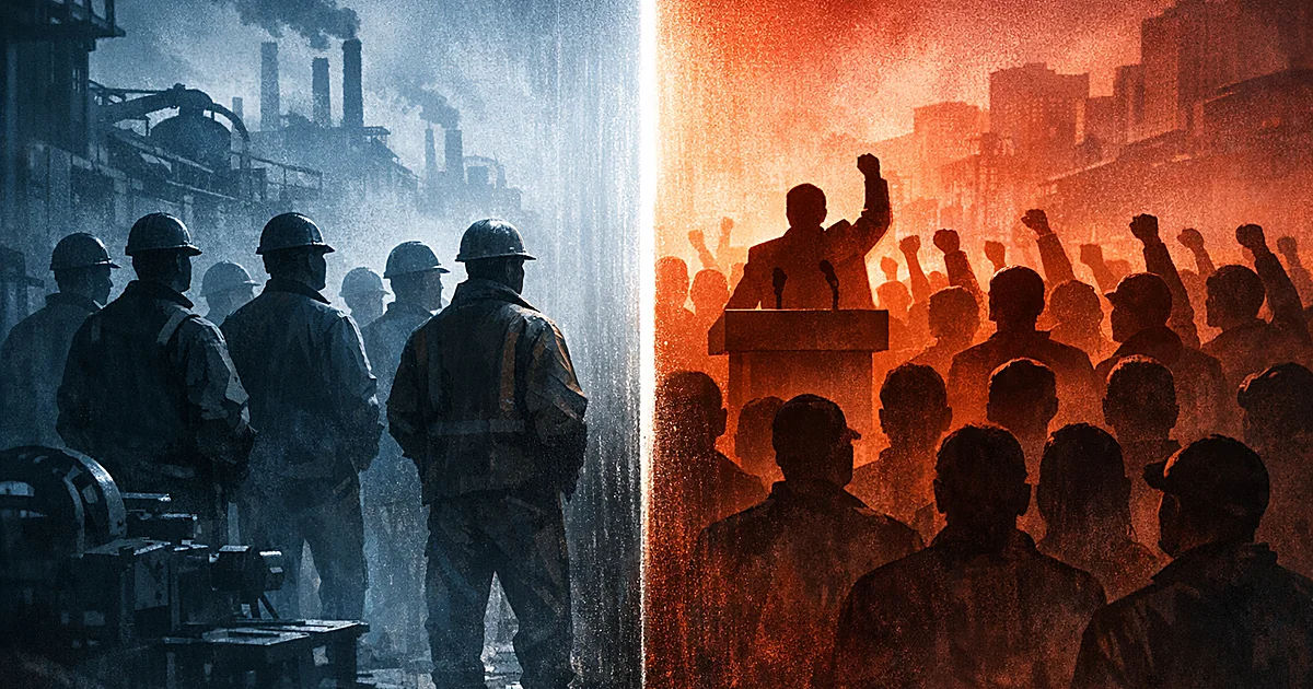 Split scene showing worker silhouettes near machinery on one side, activist silhouettes with raised fists on the other