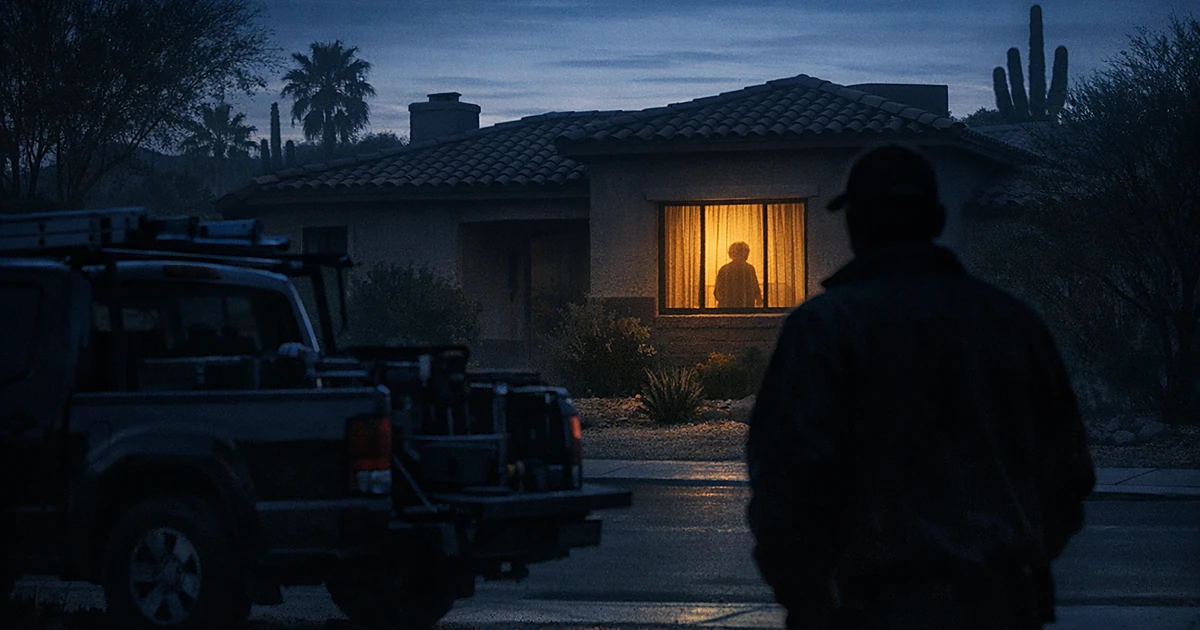 Silhouette watching an elderly person's lit window in a dark suburban home at dawn in Arizona neighborhood