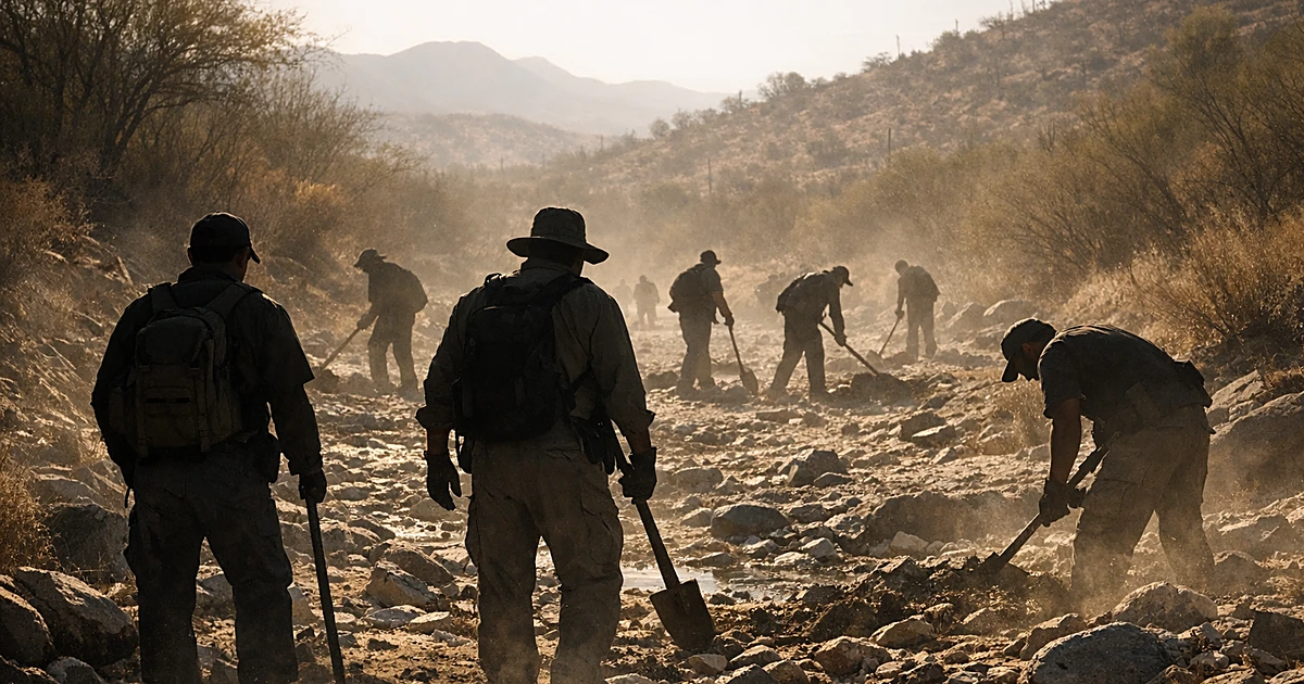 Silhouetted volunteer searchers in a dry desert streambed near the border examining rocky terrain