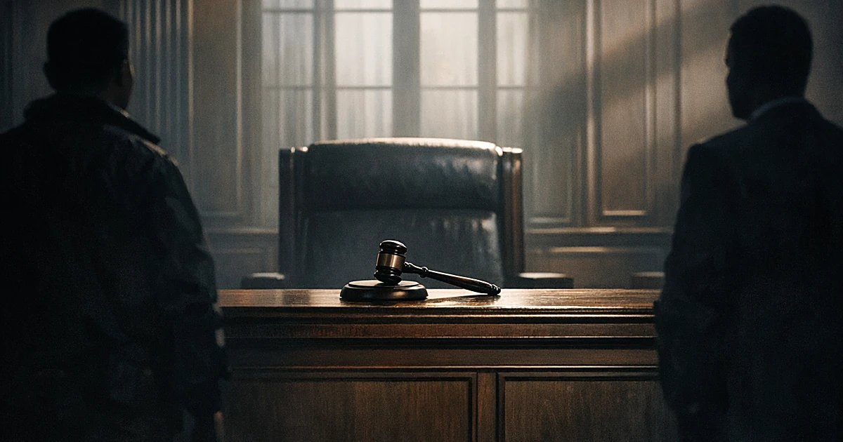 Empty judge's bench in shadowy courtroom with gavel and silhouetted figures standing at opposite sides