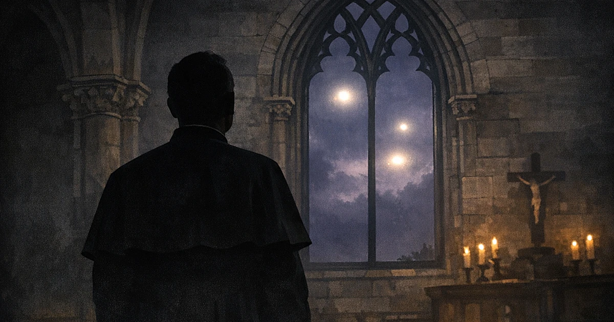 Silhouetted clergy member in church looking at glowing orbs through Gothic window against dark sky