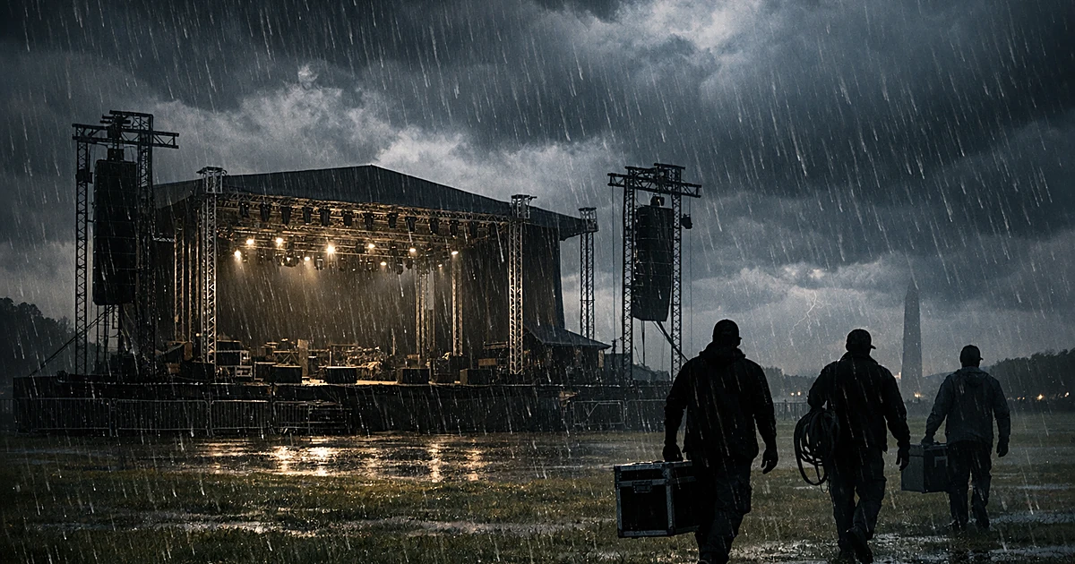 Empty concert stage with storm clouds overhead as crew silhouettes walk away carrying equipment on a lawn