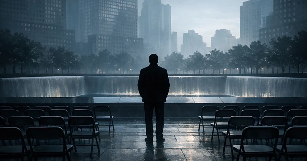 Silhouetted figure stands alone at memorial plaza with reflecting pools and empty chairs in morning light
