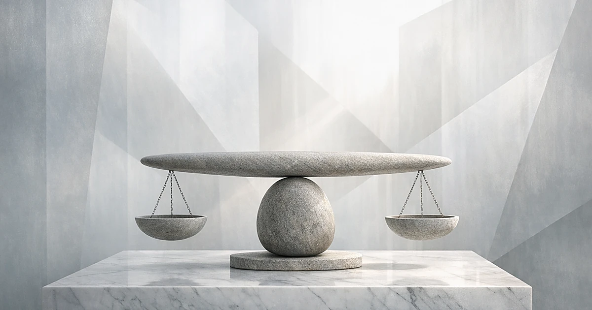 Abstract stone scales balanced on marble pedestal with soft geometric light patterns