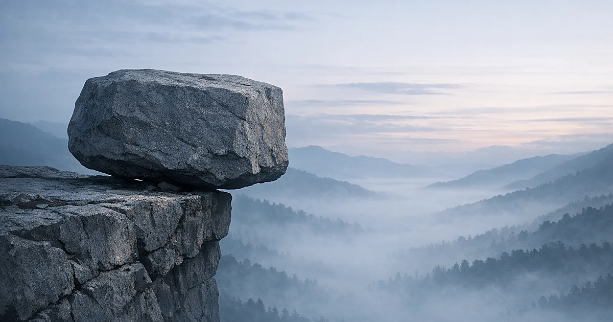 Abstract image of a stone balanced on cliff edge above misty valley in muted blue and gray tones