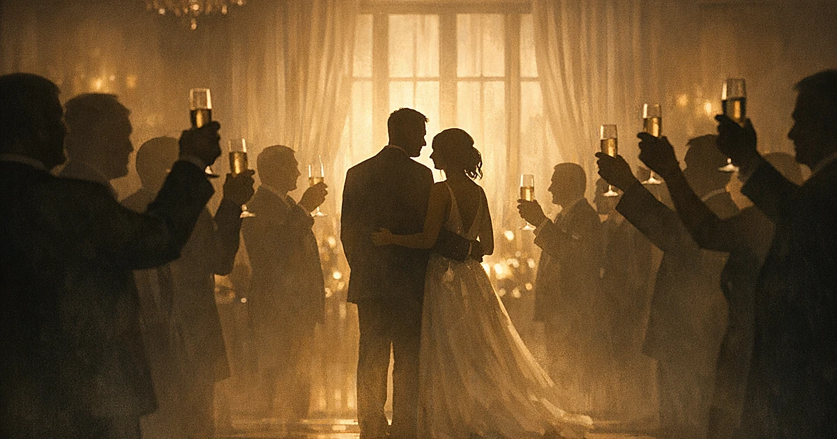 Silhouetted couple at center of wedding reception surrounded by guests raising glasses in toast
