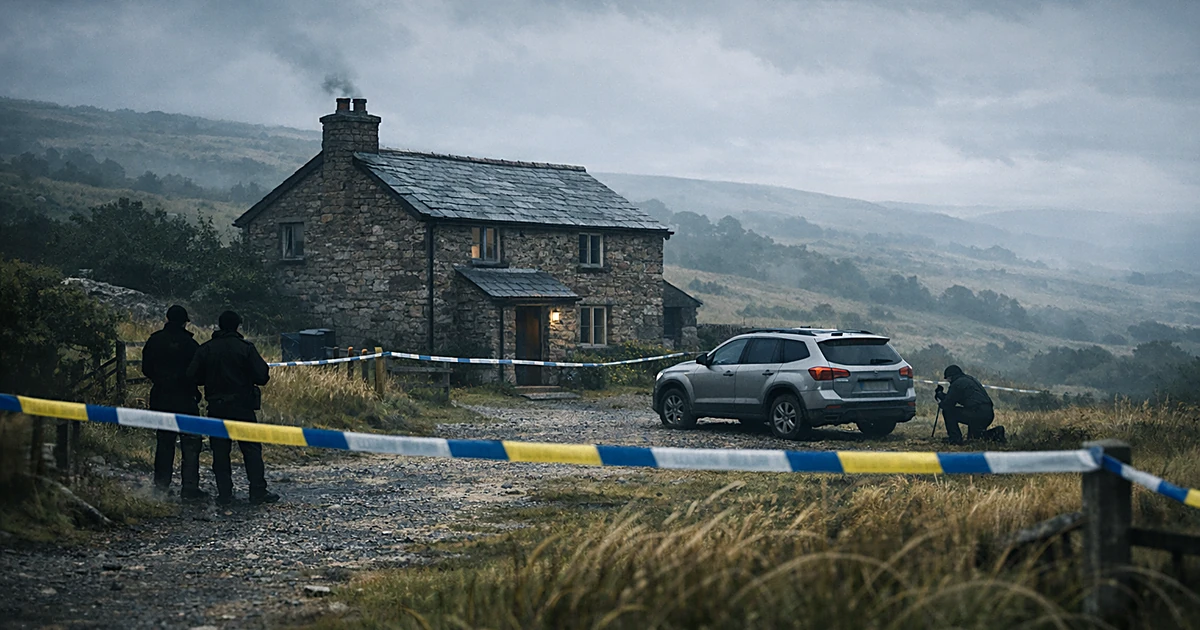 Stone cottage on Dartmoor with police tape across entrance and police vehicle in driveway under gray sky