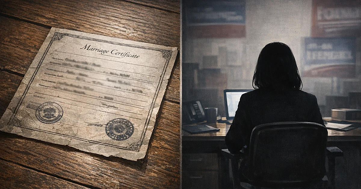 Marriage document on desk beside silhouetted figure at campaign office, split composition showing contrast