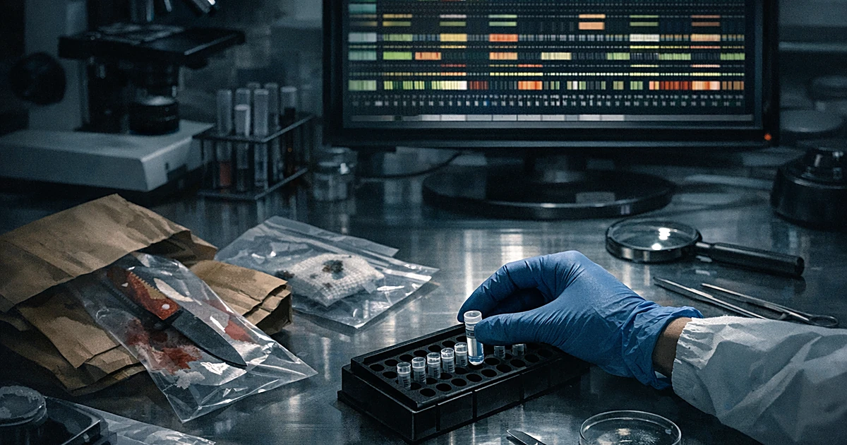 Forensic lab workspace with gloved hand handling DNA sample vial near evidence bags and genetic sequencing display