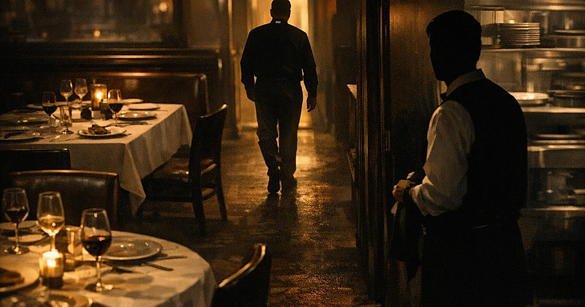 Silhouetted figures in a dimly lit restaurant interior, one in clerical attire walking toward exit, another in shadow