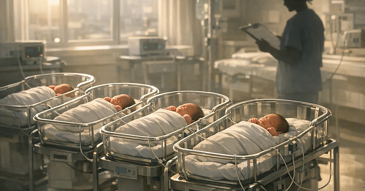 Four hospital bassinets with newborns in a sunlit nursery with medical equipment and silhouetted medical staff