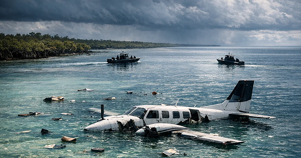 Small aircraft wreckage partially submerged in shallow tropical waters with emergency boats approaching from distance