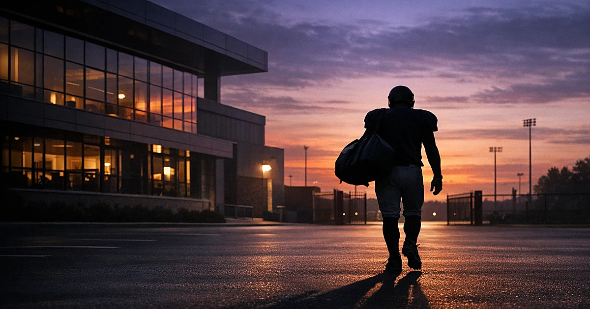 Silhouetted football player walking away from training facility with duffel bag at sunset