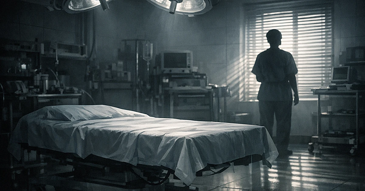 Empty surgical table in dimly lit medical room with silhouetted medical professional standing by window