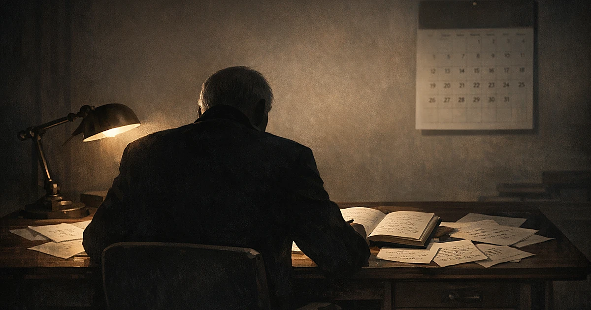 Silhouette of person at desk writing memoir with papers scattered under lamp light, calendar visible on wall