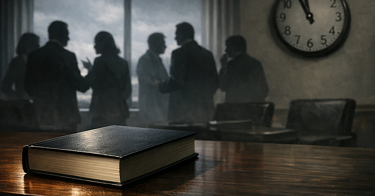 A book on a table with silhouetted figures in discussion behind it under gray lighting suggesting political tension